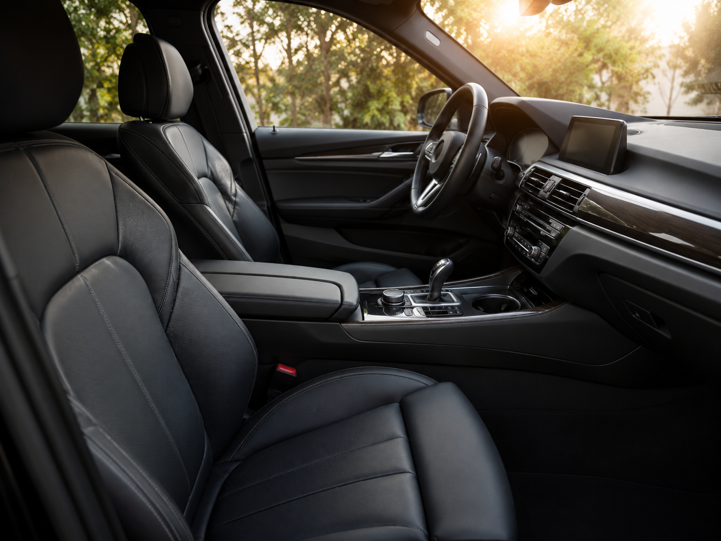 Clean detailed car interior at sunrise